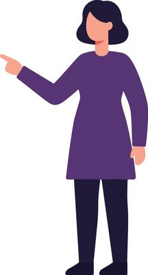 Woman with short dark hair wearing purple dress pointing sideways flat minimal illustration