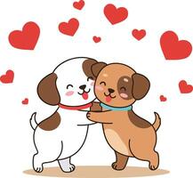 Two adorable small puppies hugging with floating red hearts in cute flat cartoon style illustration vector