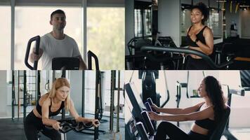 Four individuals of varied backgrounds actively participating in a fitness workout at a modern gym. Each athlete focuses on their exercise routine while promoting a healthy lifestyle. video