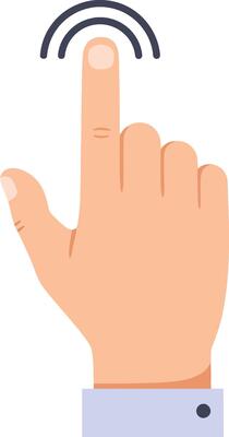 Human hand with index finger pointing and pressing touchscreen in minimal flat style illustration