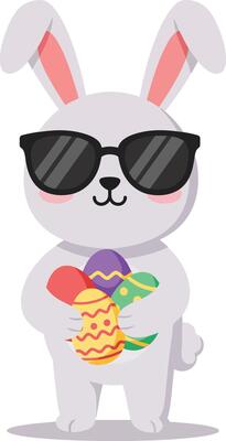 Cool bunny wearing black sunglasses holding colorful decorated Easter eggs in flat minimal art