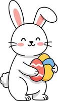 Cute white Easter bunny holding colorful decorated eggs smiling in simple flat style art vector