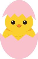 Cute yellow baby chick hatching from pink eggshell in minimal flat design with simple shapes and cheerful mood illustration vector