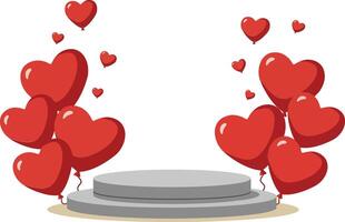 Heart-shaped red balloons grouped on both sides of empty round pedestal stage flat design illustration vector