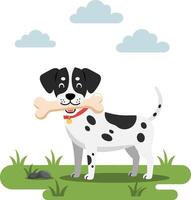 Dalmatian dog standing on grass with bone in mouth under cloudy sky flat minimal illustration vector
