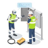 AI assistant analyzing electrical control panel issues and providing real-time diagnostics to industrial technician for faster, more accurate problem-solving and reduced downtime isometric cartoon vector