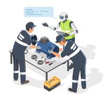 AI-powered assistant guiding industrial technicians during machine maintenance to enhance accuracy, efficiency, and precision in modern manufacturing operations ai work together concept vector