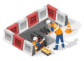 Two utility workers in safety uniforms repairing underground power cables inside a secured maintenance zone with orange barriers and traffic cone for urban electrical infrastructure upgrade isometric vector