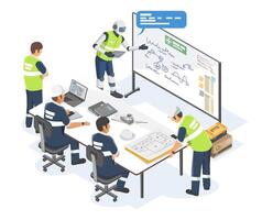 AI Assisted Industrial Work Planning with Engineers Collaborating in a Smart Factory Meeting for Project Optimization and Safety Strategy cartoon isometric vector