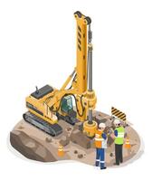 Engineers inspecting rotary drilling rig machine operating on rocky ground for deep foundation pile installation at construction site isometric isolated vector