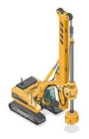 Isometric illustration of a rotary drilling rig machine with hydraulic arm and crawler tracks used in heavy construction and foundation work, isolated on white background vector