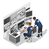 Technicians monitoring traffic flow and infrastructure systems from a high-tech urban control room with real-time data dashboards and surveillance screens isometric cartoon vector