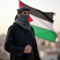 A man in jordan wearing a mask and holding a jordanian flag photo