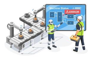 AI assistant identifying machine error on smart production line and guiding technician for timely maintenance and efficient troubleshooting in industrial automation system vector