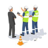 Business investor discussing site development plan with engineers on a construction area with blueprint and digital tablet isometric cartoon vector