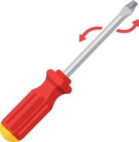 Red handled flathead screwdriver with metallic shaft showing twisting motion minimal flat illustration vector
