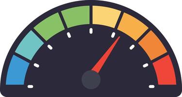 Colorful speedometer gauge with red needle pointing to high level in flat minimal style illustration vector