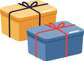 Two rectangular gift boxes with ribbons in flat minimal style showing wrapped presents in contrasting colors illustration vector