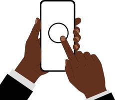 Dark-skinned hands holding smartphone with finger pressing circular button flat minimal illustration vector