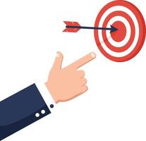 Human hand pointing at red and white bullseye target with arrow in center flat minimalist illustration vector