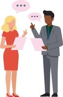 Two business professionals discussing documents with speech bubbles in minimal flat style illustration vector