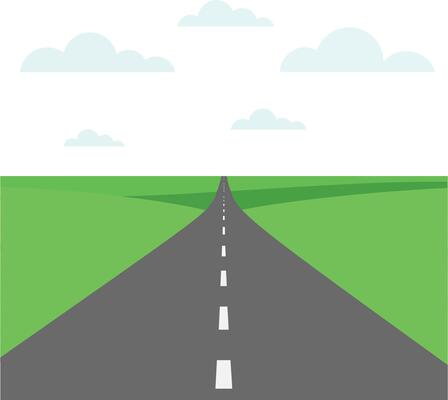 Straight road stretching through green fields under cloudy sky in flat minimalist style illustration