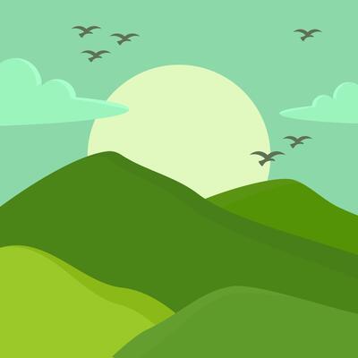 Peaceful Green Hills Landscape with Rising Sun and Flying Birds in Minimal Flat Style