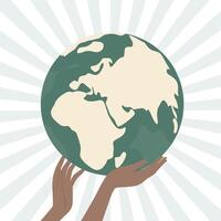 Hands holding the Earth globe with rays in background. Concept of unity, sustainability, global responsibility and hope. illustration for Earth Day and eco campaigns. vector