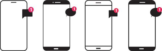 Set of mobile phone icons. Set of mobile phones with message icons. notifications. One, ten, hundred and thousand messages, vector