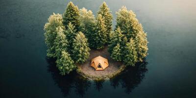 Camping on a secluded island surrounded by tall trees and calm waters during sunset offers a perfect adventure retreat photo