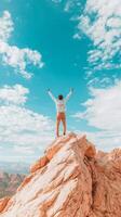 Person celebrating triumph on rocky summit during adventure camping in a vast landscape beneath a bright blue sky with fluffy clouds photo