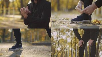 A collection of shots showcasing people engaging in various workout activities in a park during autumn. They focus on warm-up exercises, fitness training, and maintaining a healthy lifestyle. video