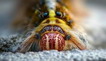 Close-Up of a Colorful Caterpillar Head with Unique Patterns and Hairs photo