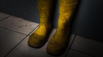 Yellow Safety Boots Placed on Tiled Floor Showcasing Essential Protective Gear photo