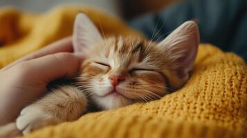 Sleeping kitten nestled in a cozy blanket. pet animal bonding photo