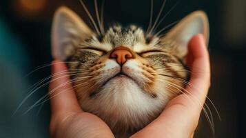 A cat being gently held, enjoying affection from a hand. pet animal bonding photo