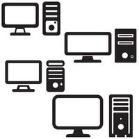 Black And White Desktop Computer Icons With Monitor And CPU In Minimal Flat Style Design vector