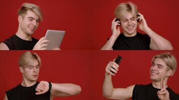 A fit young man demonstrates various workout routines while using digital devices. He showcases motivation, dedication, and a healthy lifestyle with a vibrant backdrop. video