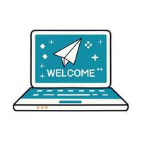 A laptop displaying a welcome message ideal for web design and application interfaces. vector