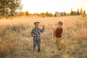 A nostalgic countryside moment shows two boys playing together in vintage clothes, holding a teddy bear, apple, and toy airplane. photo