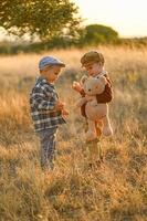 In a nostalgic countryside scene, two children dressed in old-style clothes hold a plush bear and apple, surrounded by golden light. photo