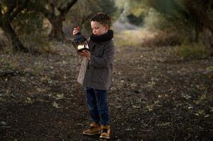 A dreamy forest scene shows a boy in awe, standing still and looking at a lantern as sparkles float around him photo