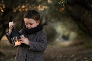 A curious child wanders through a magical wood, enchanted by the lanterns glow as it lights his path. photo