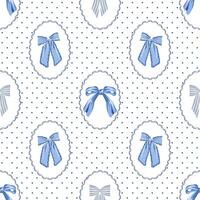 Seamless Blue Bow Pattern with Scallop Frames and Polkadot Background vector