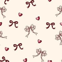 seamless pattern with Vintage ruby red Ribbon Bow and Gemstone Heart in beige vector
