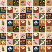 Colorful Seamless Pattern With Floral And Botanical Elements In Squares vector