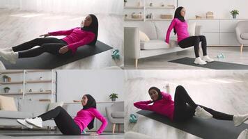 Arab woman perform different exercises at home, showcasing a commitment to a healthy lifestyle. The sessions include core workouts, stretching, and strength training in a bright space. video