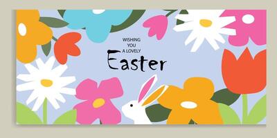 Happy Easter banner. Trendy Easter design with typography, hand painted flowers, eggs, chick and bunny in pastel colors. Modern minimal style. Horizontal poster, greeting card, header for web website vector