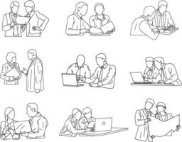 A minimal line-style of faceless office workers engaged in discussion and teamwork. Ideal for business presentations, workplace visuals, and modern professional themes. vector