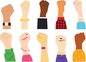 A powerful set of hand closed fist illustrations, featuring various angles, gestures, and skin tones, for concepts of strength, unity, protest, empowerment, and motivational designs. vector